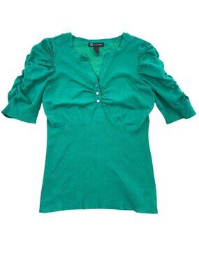 Vintage INC International Concepts Green V Neck Puff Sleeve Sweater Top